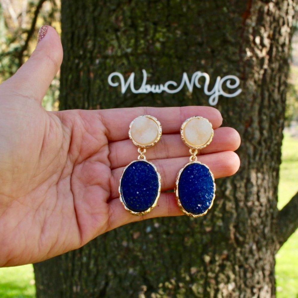 Anthropologie Druzy Blue Teardrop Dangle Earrings - Picture 3 of 10